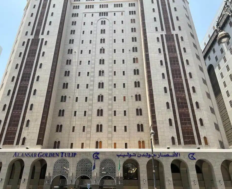 Front view of Al Ansar Golden Tulip Hotel Madinah, just minutes away from Masjid An-Nabawi