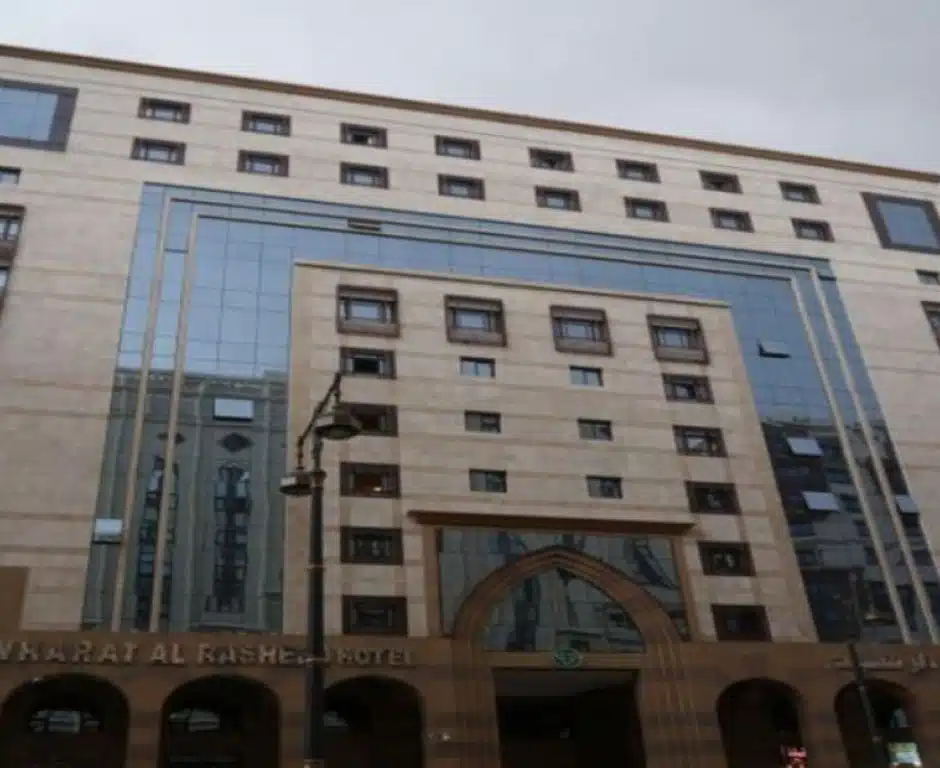Front view of Jawharat Al Rasheed Hotel located near Masjid-e-Nabawi in Madinah