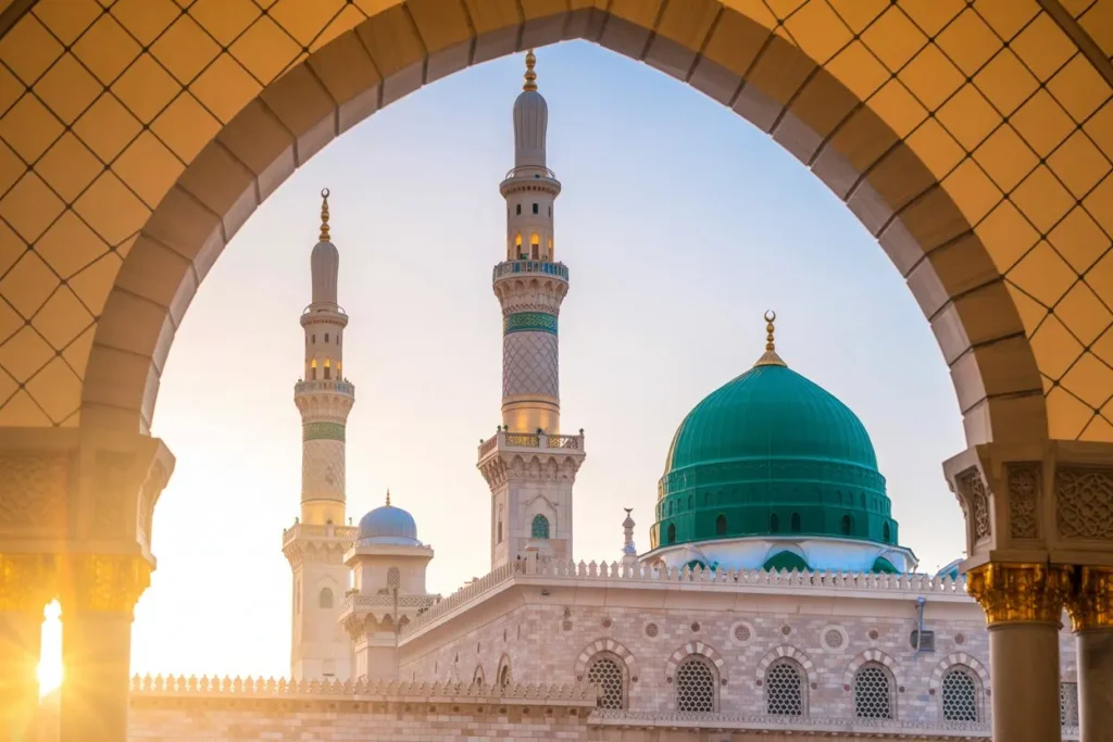 Ziyarat Spots in Masjid Nabawi showing the Green Dome and minarets during sunset