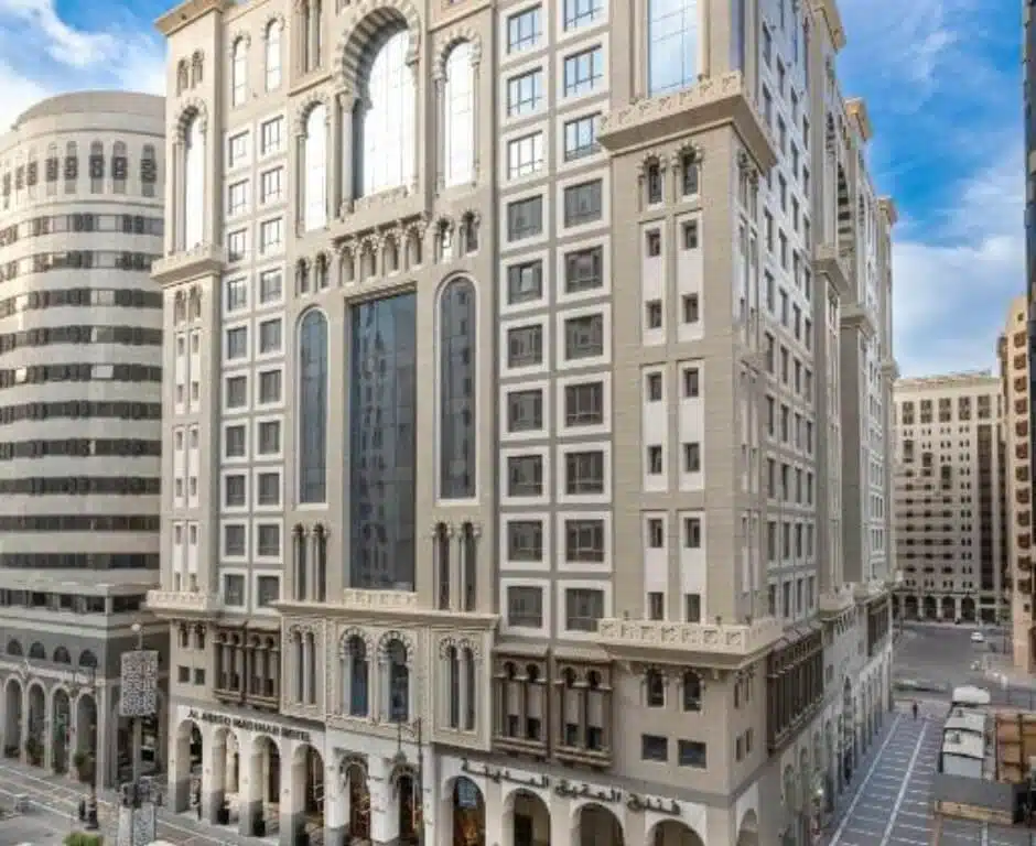 Front exterior of Al Aqeeq Madinah Hotel located just minutes from the Prophetβs Mosque