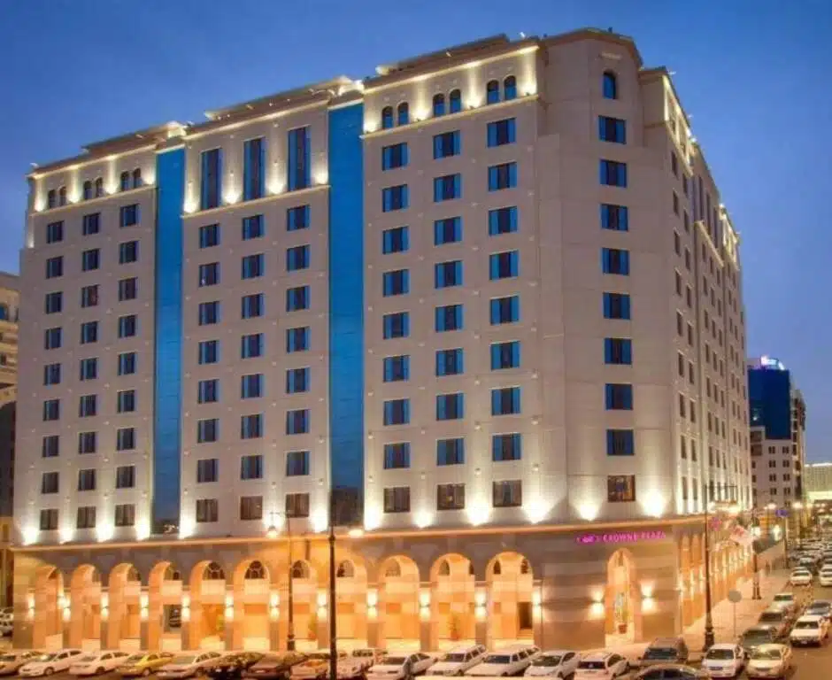 Crowne Plaza Madinah hotel building beautifully lit up near Masjid Al Nabawi