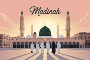 Pilgrims walking towards Masjid Nabawi at sunrise – Ziyarat Places in Madinah