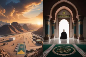 Mountain view of Masjid with sunset and person praying indoors – Ziyarat Places in Madinah