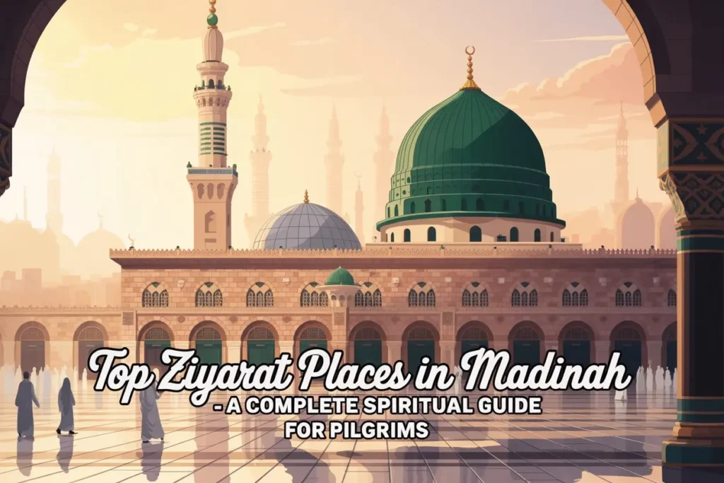 Illustration of Masjid Nabawi with green dome – guide to top Ziyarat Places in Madinah